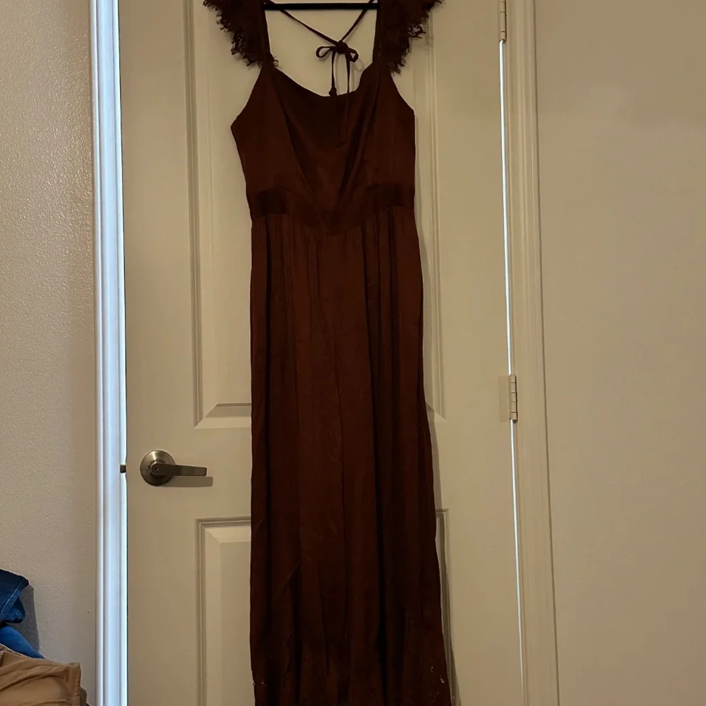 Anthropologie Rust Lace-Trim Satin Jumpsuit - Picture 3 of 7